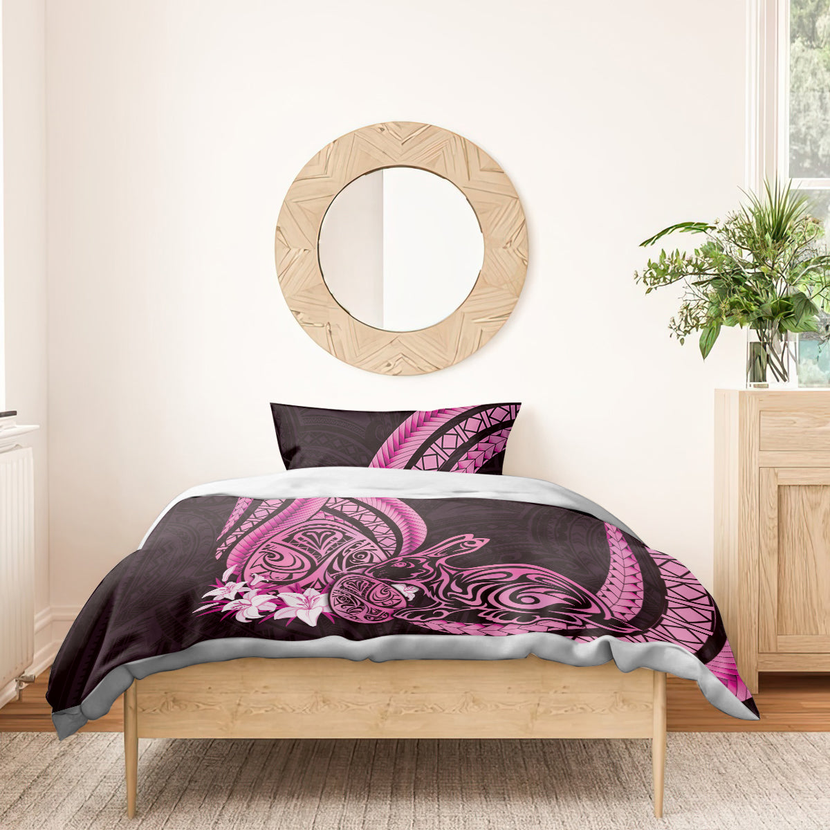 Pink Polynesia Easter Day Bedding Set Eggs With Bunny Polynesian Pattern