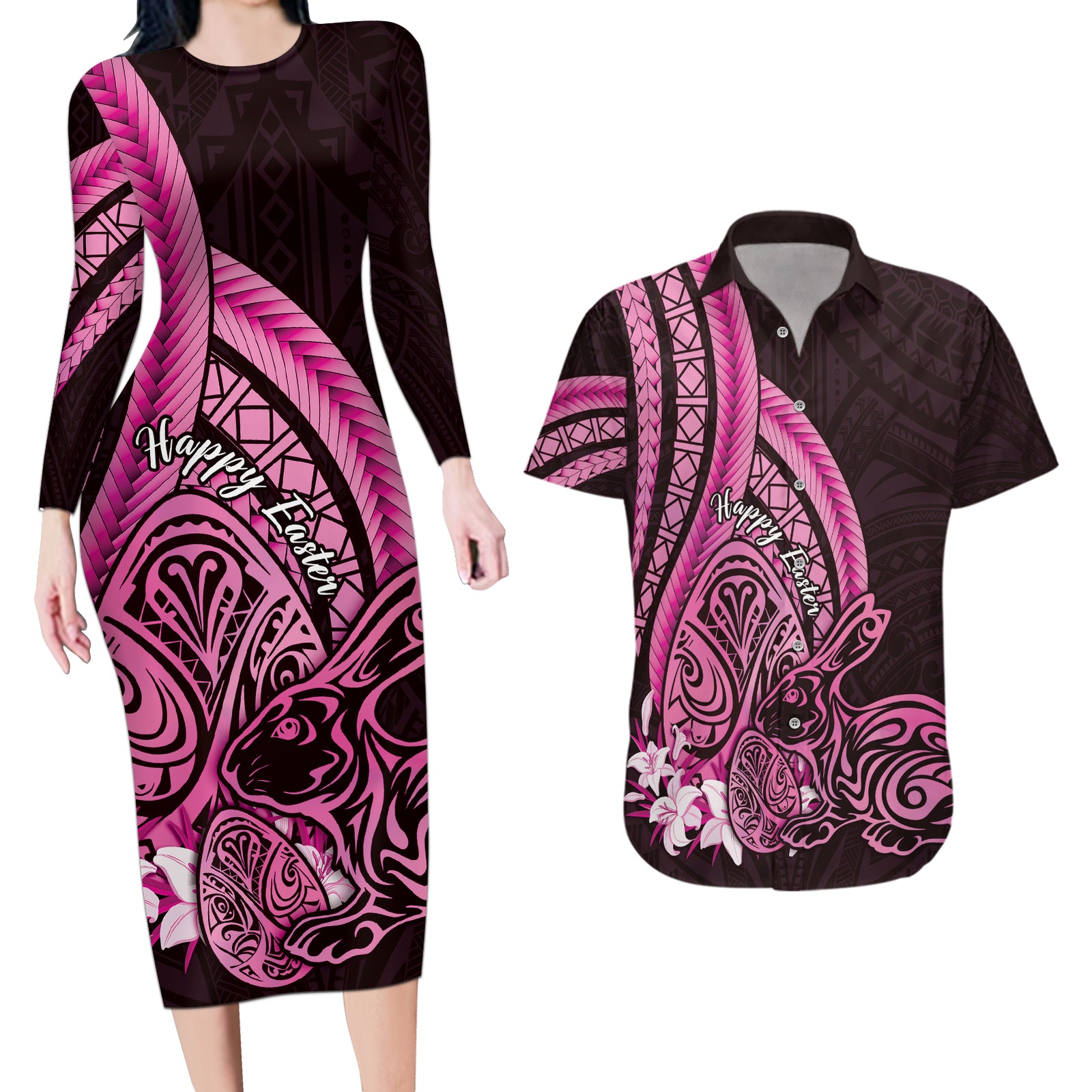 Pink Polynesia Easter Day Couples Matching Long Sleeve Bodycon Dress and Hawaiian Shirt Eggs With Bunny Polynesian Pattern LT14 Pink - Polynesian Pride