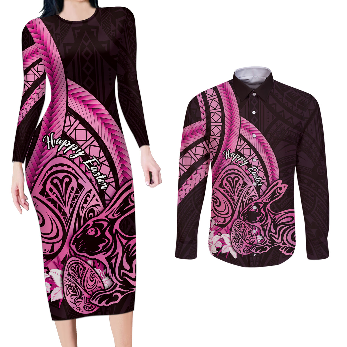 Pink Polynesia Easter Day Couples Matching Long Sleeve Bodycon Dress and Long Sleeve Button Shirt Eggs With Bunny Polynesian Pattern