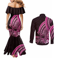 Pink Polynesia Easter Day Couples Matching Mermaid Dress and Long Sleeve Button Shirt Eggs With Bunny Polynesian Pattern