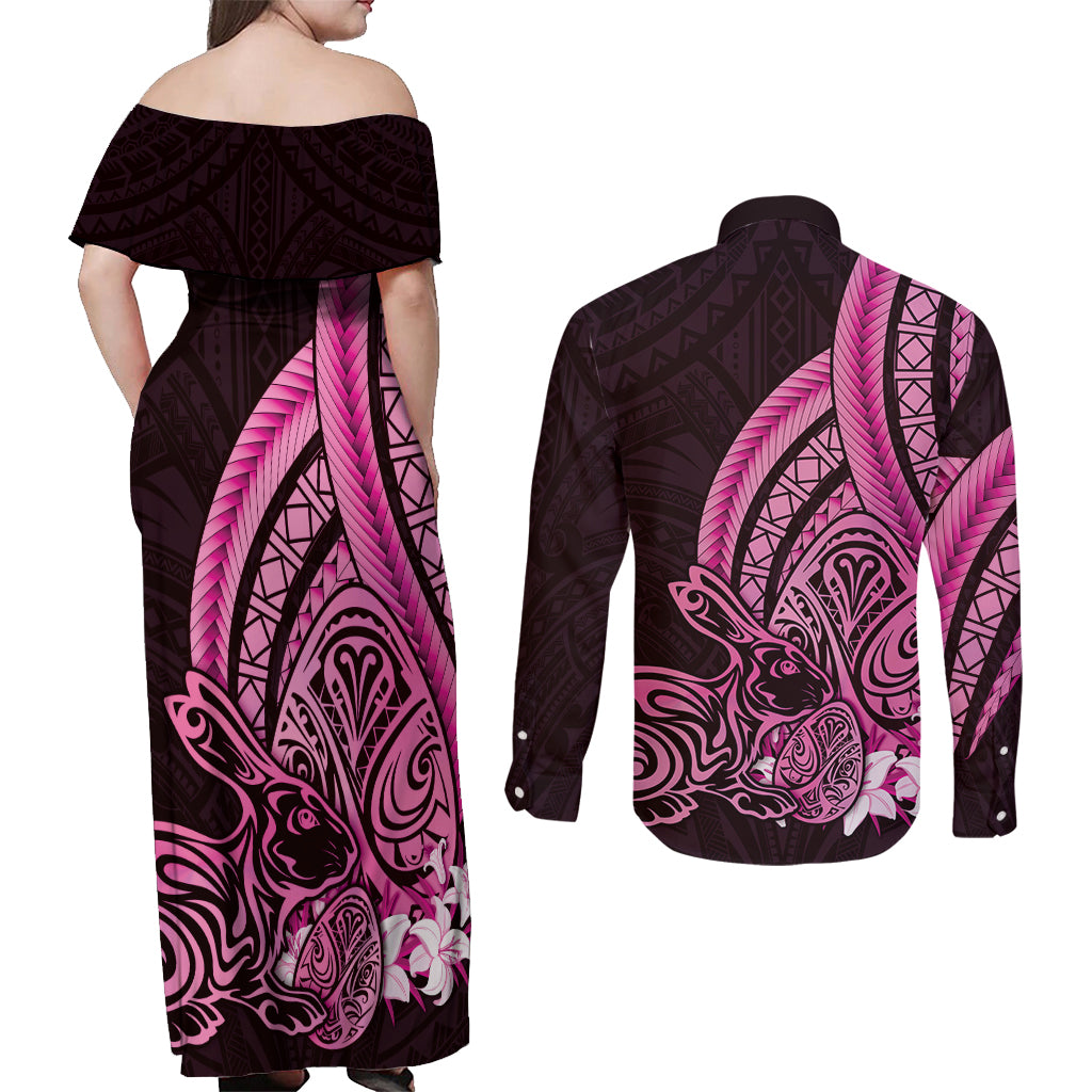 Pink Polynesia Easter Day Couples Matching Off Shoulder Maxi Dress and Long Sleeve Button Shirt Eggs With Bunny Polynesian Pattern