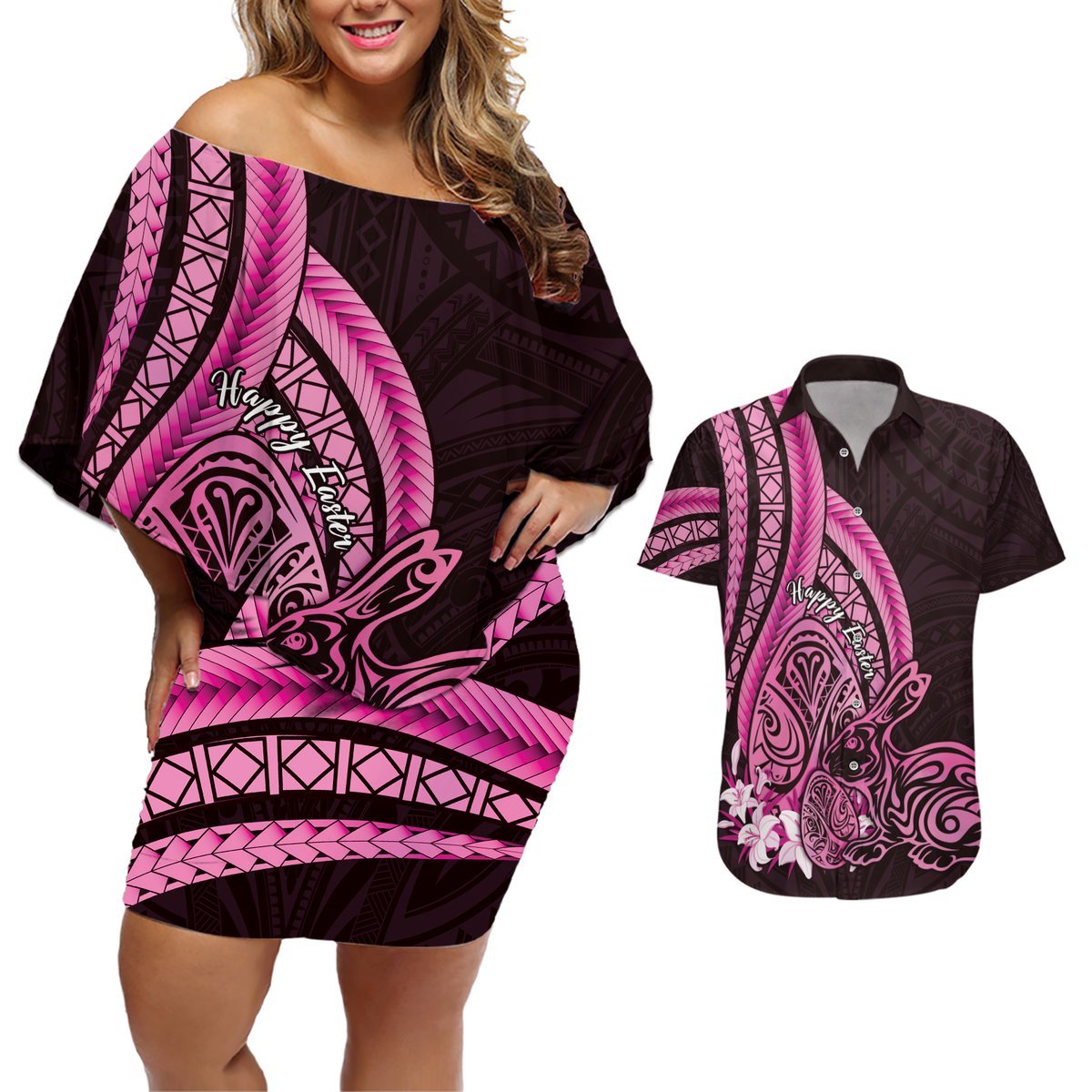 Pink Polynesia Easter Day Couples Matching Off Shoulder Short Dress and Hawaiian Shirt Eggs With Bunny Polynesian Pattern LT14 Pink - Polynesian Pride
