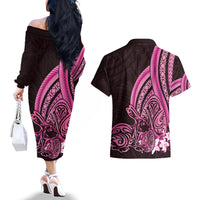 Pink Polynesia Easter Day Couples Matching Off The Shoulder Long Sleeve Dress and Hawaiian Shirt Eggs With Bunny Polynesian Pattern