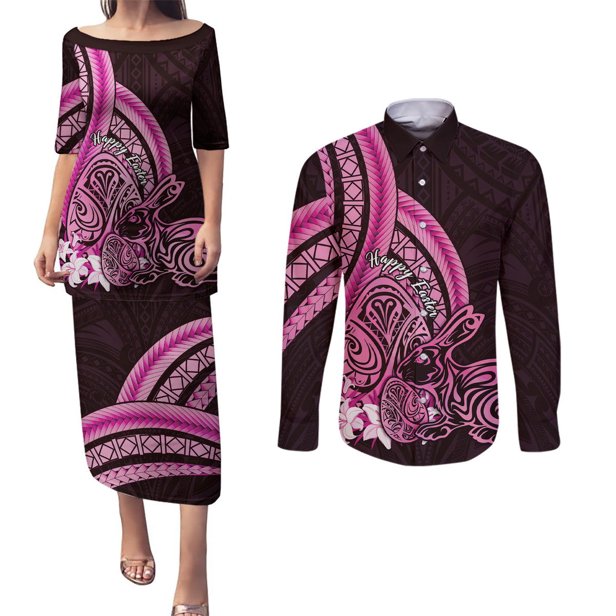 Pink Polynesia Easter Day Couples Matching Puletasi and Long Sleeve Button Shirt Eggs With Bunny Polynesian Pattern