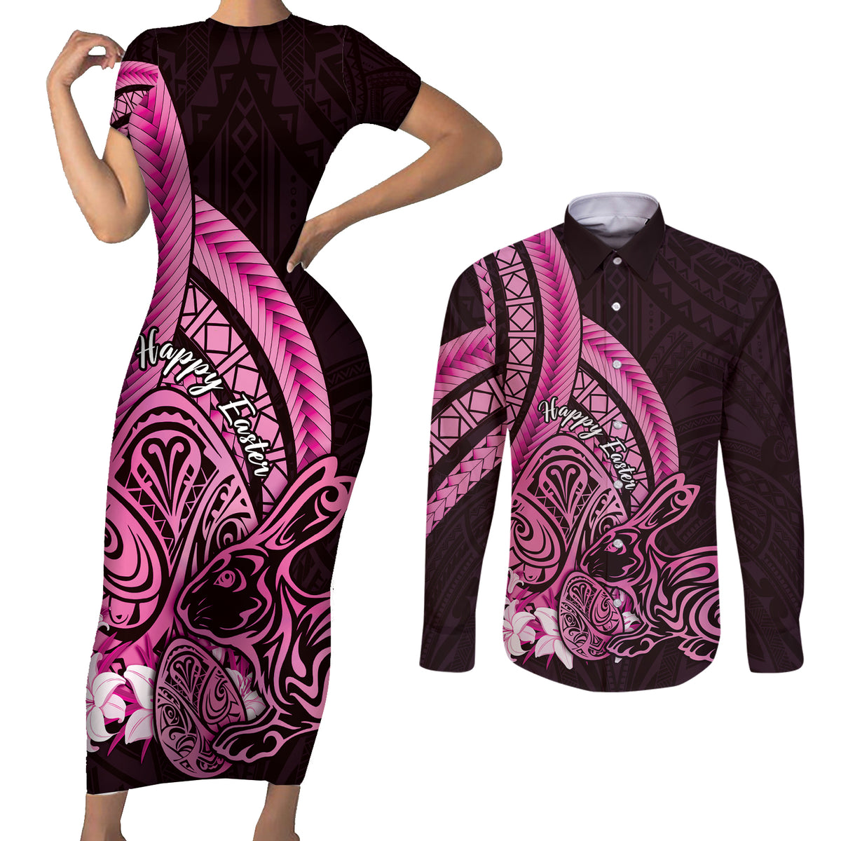 Pink Polynesia Easter Day Couples Matching Short Sleeve Bodycon Dress and Long Sleeve Button Shirt Eggs With Bunny Polynesian Pattern
