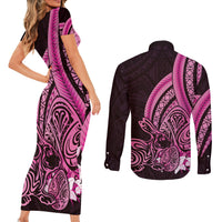 Pink Polynesia Easter Day Couples Matching Short Sleeve Bodycon Dress and Long Sleeve Button Shirt Eggs With Bunny Polynesian Pattern