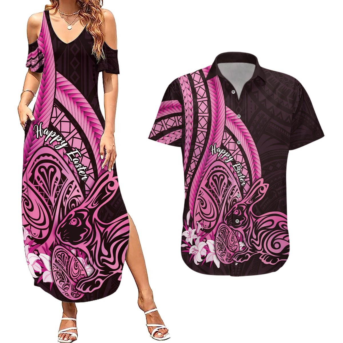 Pink Polynesia Easter Day Couples Matching Summer Maxi Dress and Hawaiian Shirt Eggs With Bunny Polynesian Pattern LT14 Pink - Polynesian Pride
