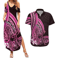 Pink Polynesia Easter Day Couples Matching Summer Maxi Dress and Hawaiian Shirt Eggs With Bunny Polynesian Pattern