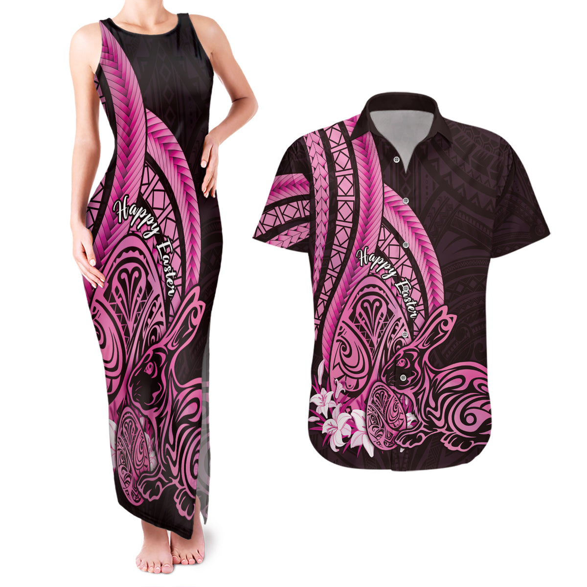 Pink Polynesia Easter Day Couples Matching Tank Maxi Dress and Hawaiian Shirt Eggs With Bunny Polynesian Pattern