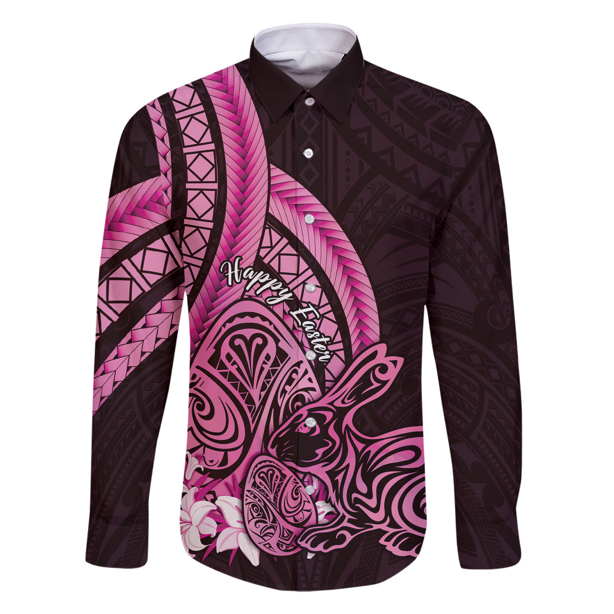 Pink Polynesia Easter Day Family Matching Mermaid Dress and Hawaiian Shirt Eggs With Bunny Polynesian Pattern LT14 Dad's Shirt - Long Sleeve Pink - Polynesian Pride