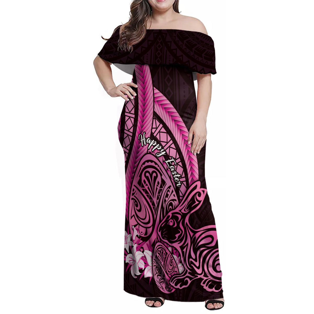 Pink Polynesia Easter Day Family Matching Off Shoulder Maxi Dress and Hawaiian Shirt Eggs With Bunny Polynesian Pattern