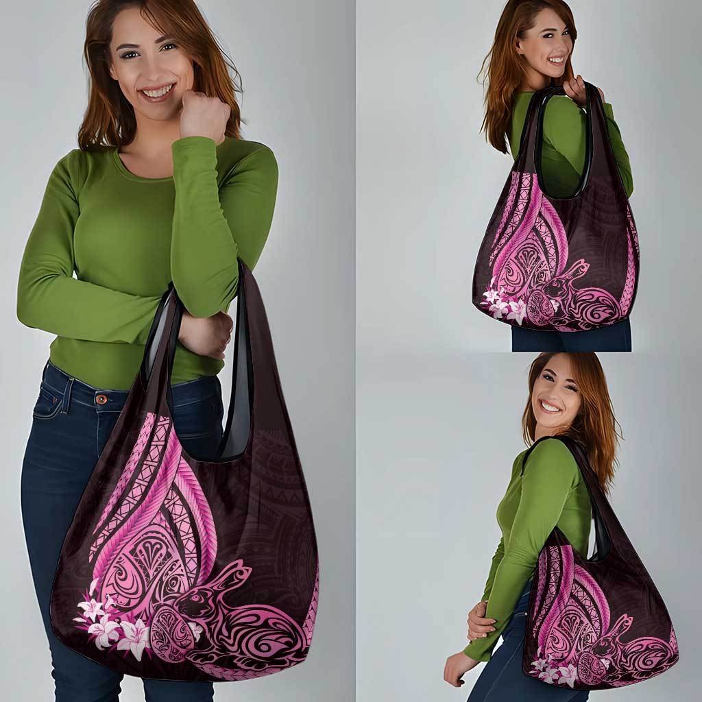 Pink Polynesia Easter Day Grocery Bag Eggs With Bunny Polynesian Pattern