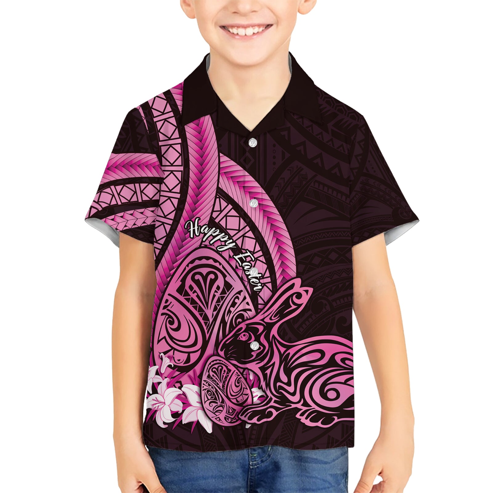 Pink Polynesia Easter Day Kid Hawaiian Shirt Eggs With Bunny Polynesian Pattern LT14 Kid Pink - Polynesian Pride