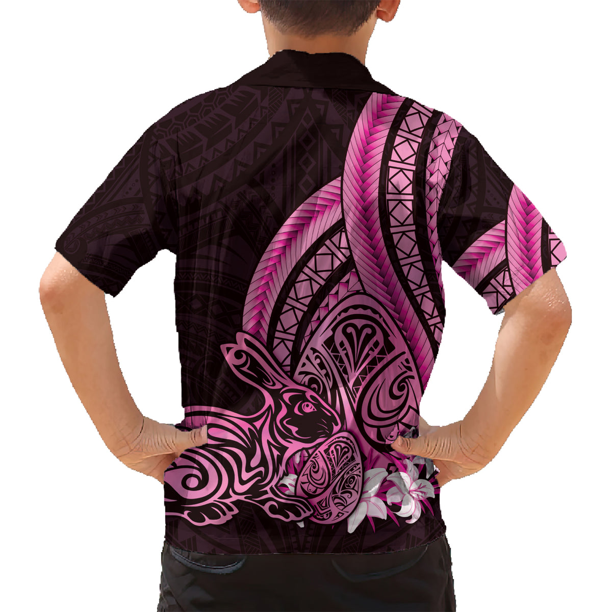 Pink Polynesia Easter Day Kid Hawaiian Shirt Eggs With Bunny Polynesian Pattern