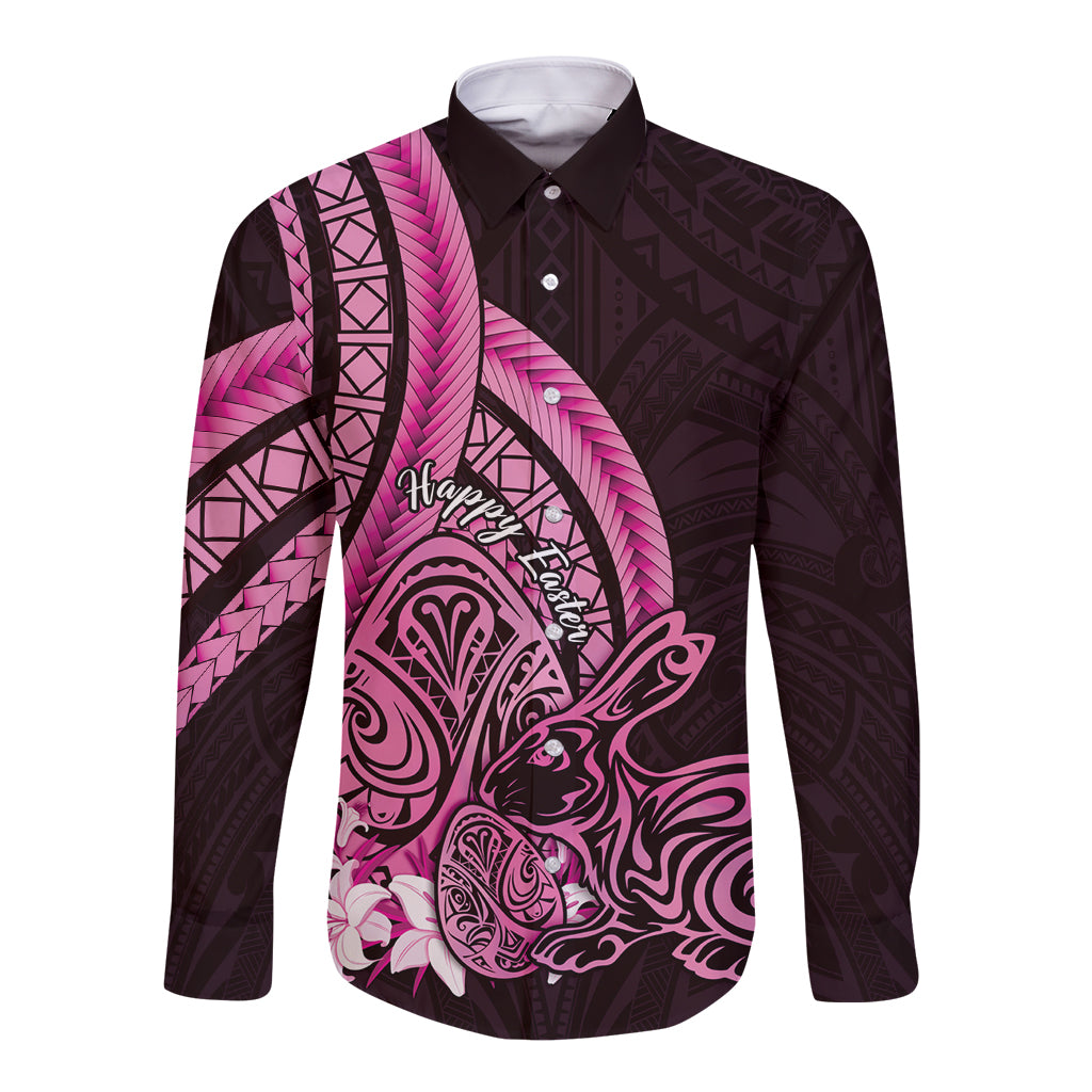 Pink Polynesia Easter Day Long Sleeve Button Shirt Eggs With Bunny Polynesian Pattern