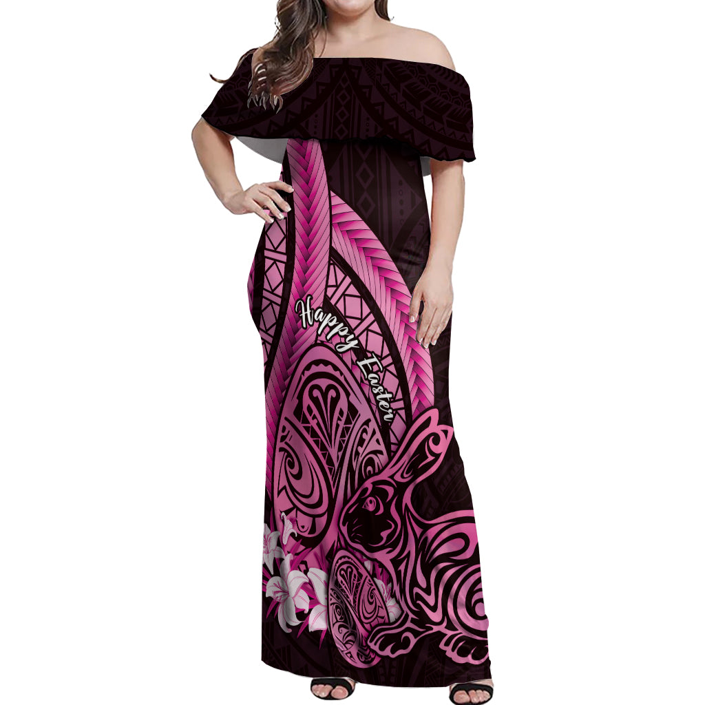 Pink Polynesia Easter Day Off Shoulder Maxi Dress Eggs With Bunny Polynesian Pattern