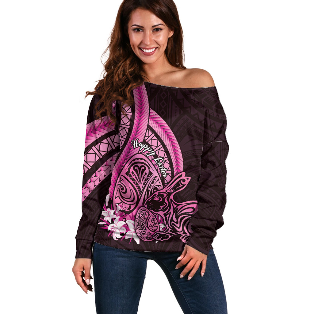 Pink Polynesia Easter Day Off Shoulder Sweater Eggs With Bunny Polynesian Pattern LT14 Women Pink - Polynesian Pride