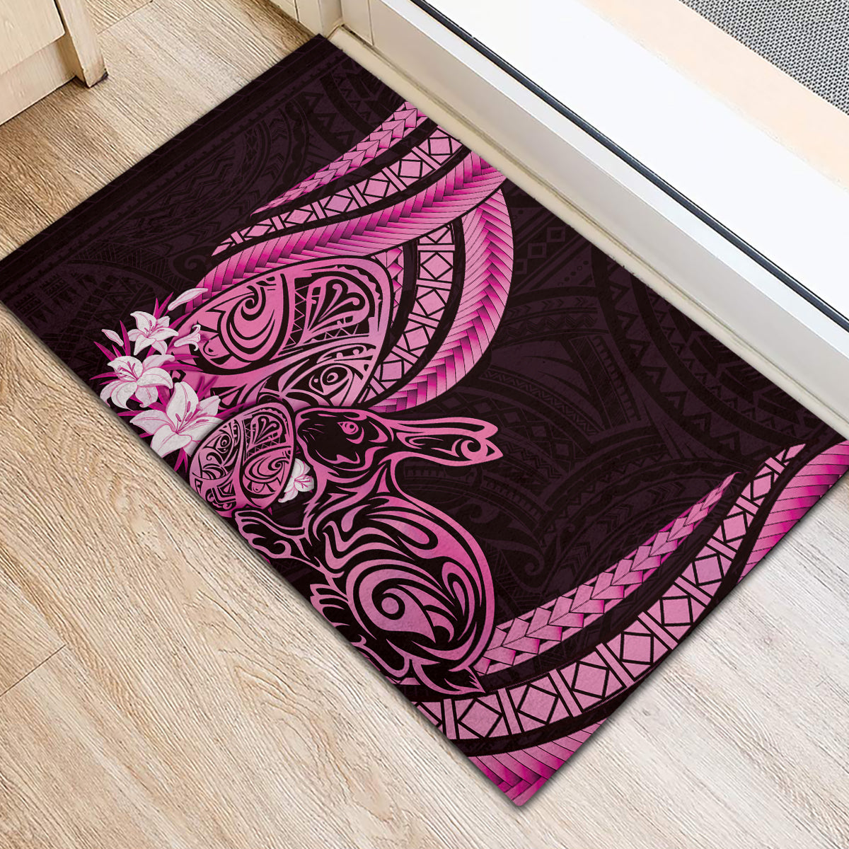 Pink Polynesia Easter Day Rubber Doormat Eggs With Bunny Polynesian Pattern
