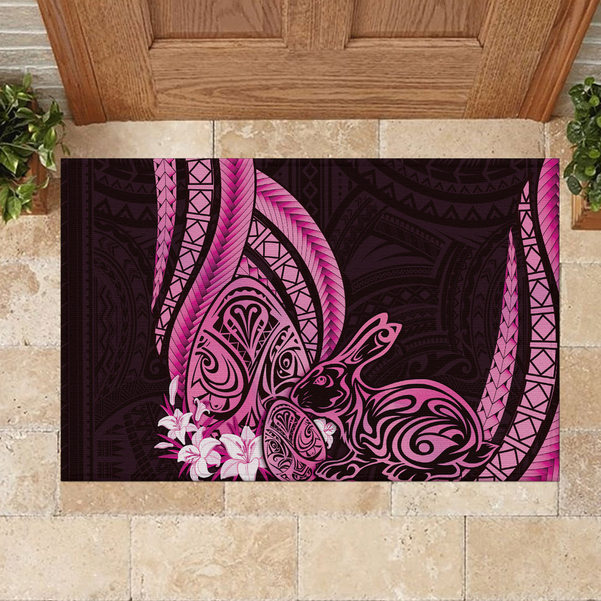 Pink Polynesia Easter Day Rubber Doormat Eggs With Bunny Polynesian Pattern