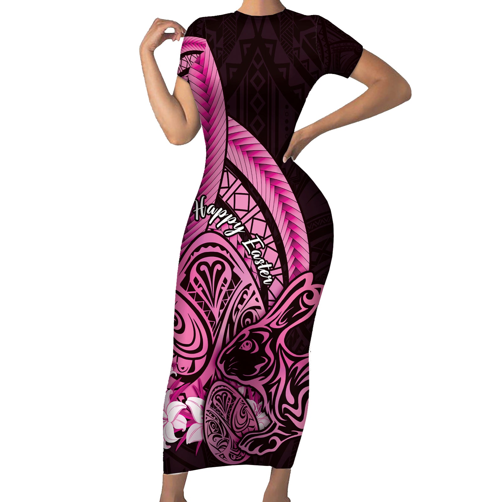 Pink Polynesia Easter Day Short Sleeve Bodycon Dress Eggs With Bunny Polynesian Pattern LT14 Long Dress Pink - Polynesian Pride