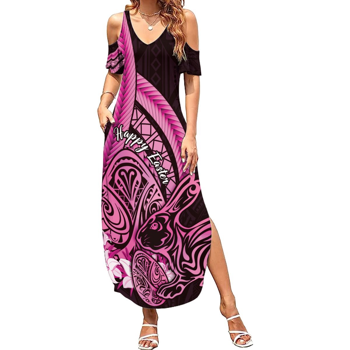Pink Polynesia Easter Day Summer Maxi Dress Eggs With Bunny Polynesian Pattern LT14 Women Pink - Polynesian Pride