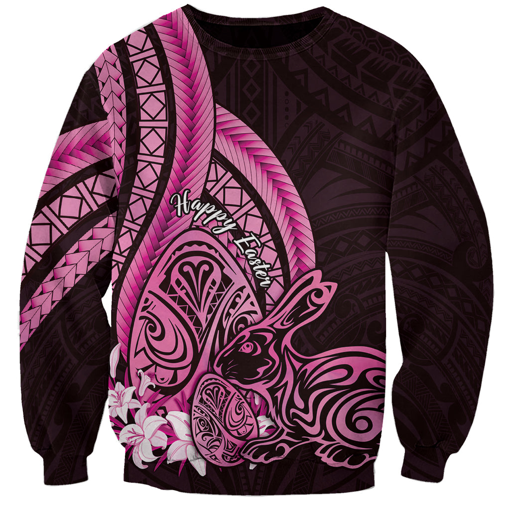 Pink Polynesia Easter Day Sweatshirt Eggs With Bunny Polynesian Pattern