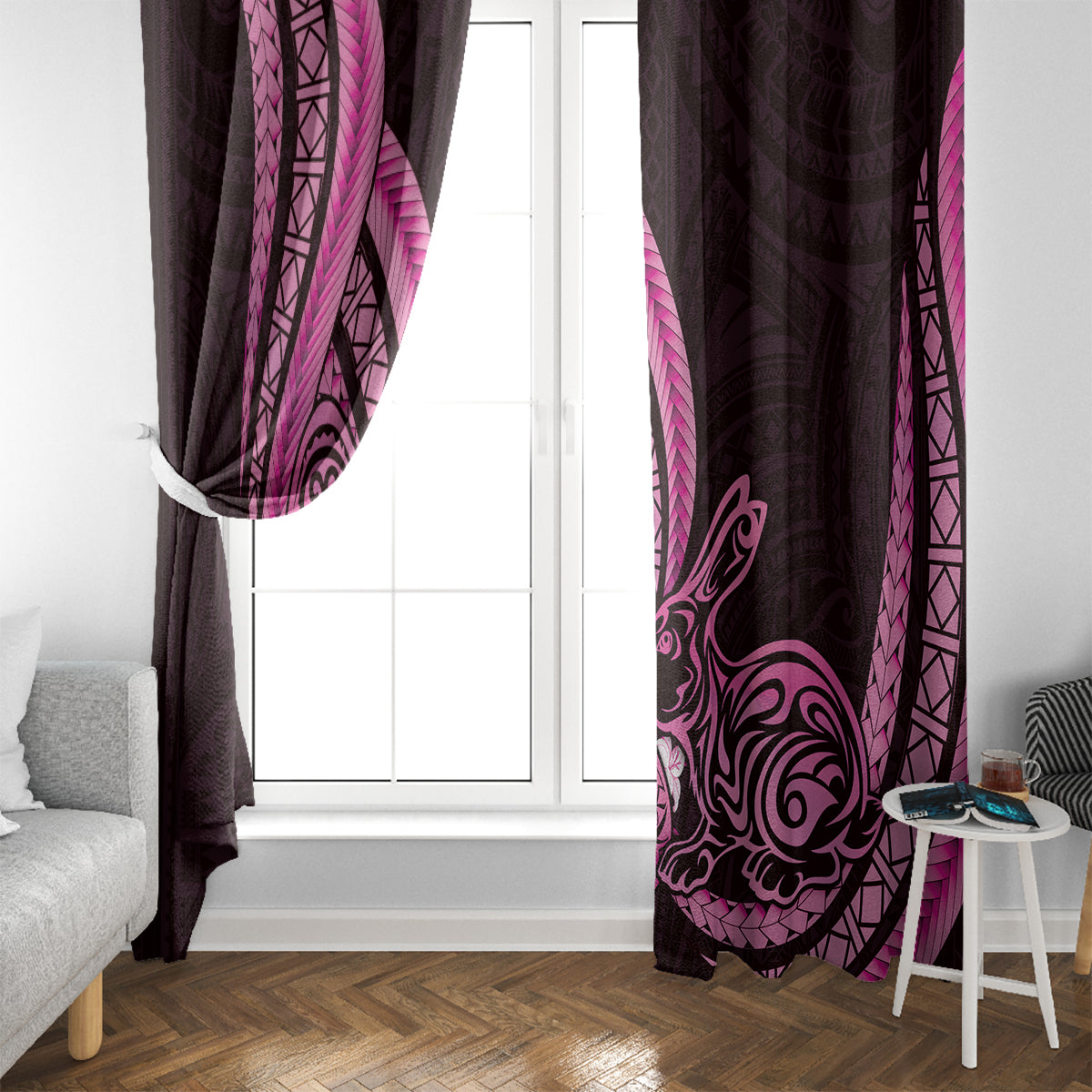 Pink Polynesia Easter Day Window Curtain Eggs With Bunny Polynesian Pattern