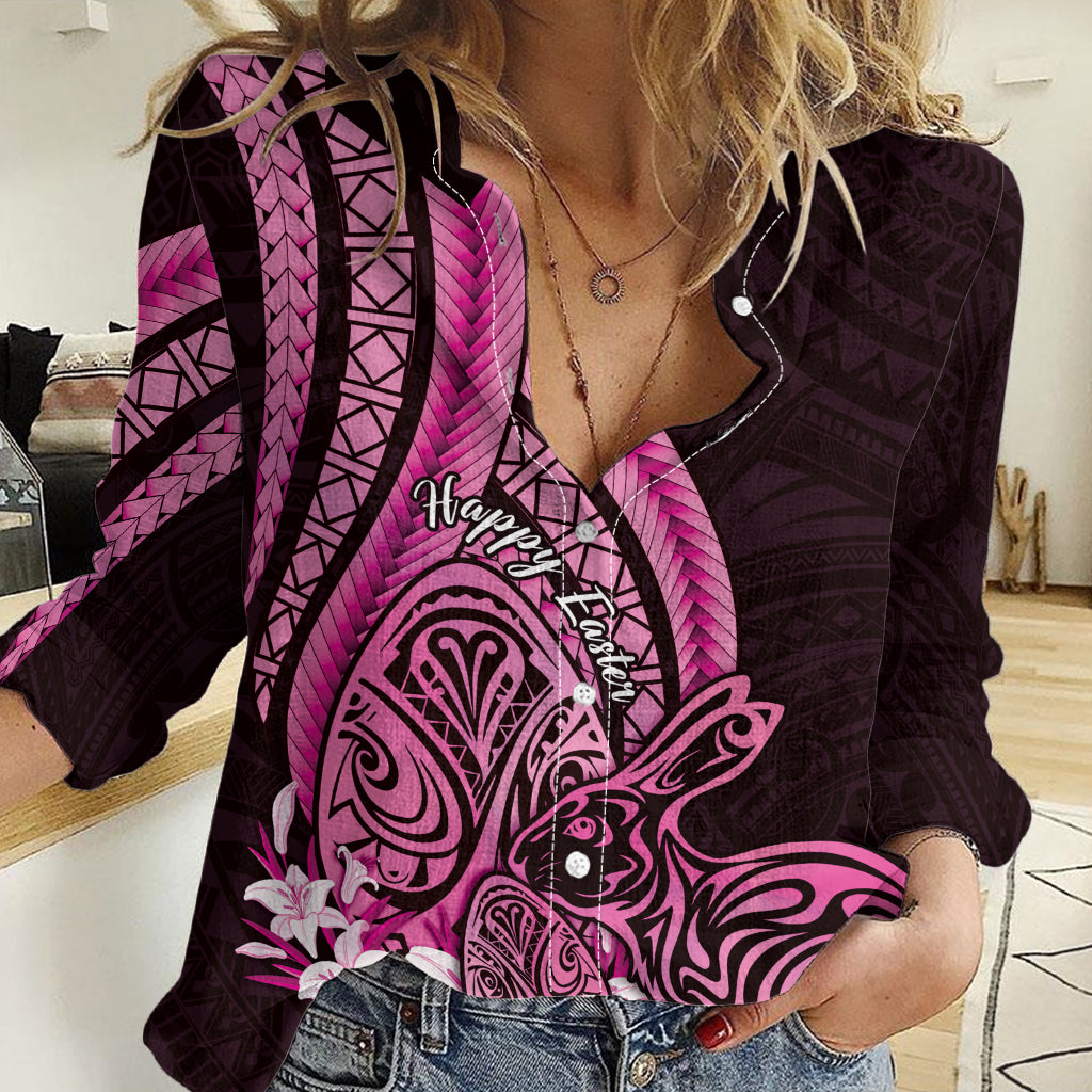Pink Polynesia Easter Day Women Casual Shirt Eggs With Bunny Polynesian Pattern LT14 Female Pink - Polynesian Pride