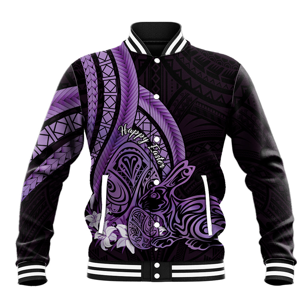 Purple Polynesia Easter Day Baseball Jacket Eggs With Bunny Polynesian Pattern