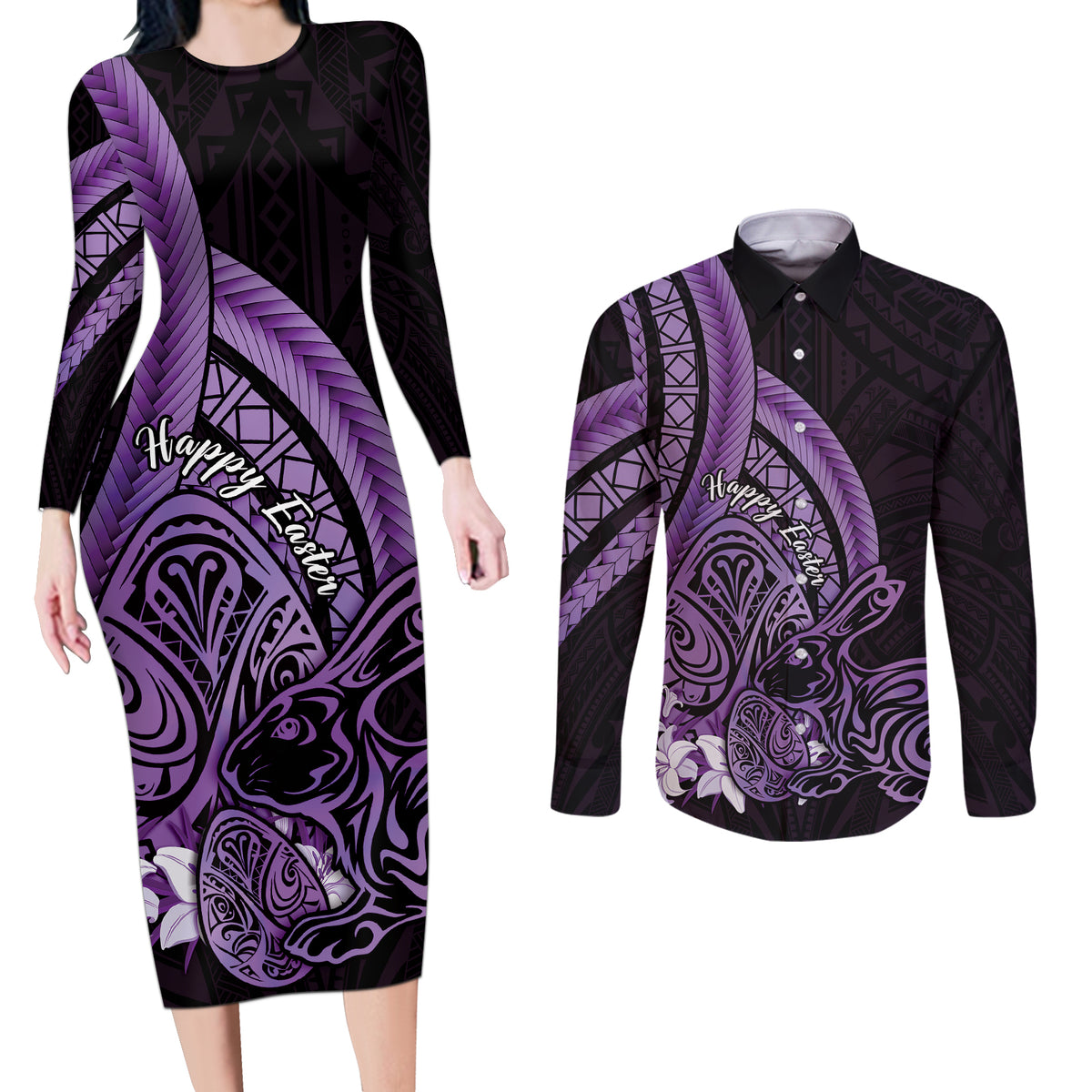 Purple Polynesia Easter Day Couples Matching Long Sleeve Bodycon Dress and Long Sleeve Button Shirt Eggs With Bunny Polynesian Pattern