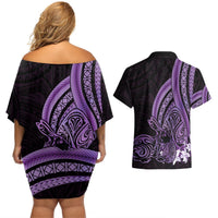 Purple Polynesia Easter Day Couples Matching Off Shoulder Short Dress and Hawaiian Shirt Eggs With Bunny Polynesian Pattern