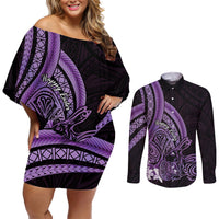 Purple Polynesia Easter Day Couples Matching Off Shoulder Short Dress and Long Sleeve Button Shirt Eggs With Bunny Polynesian Pattern