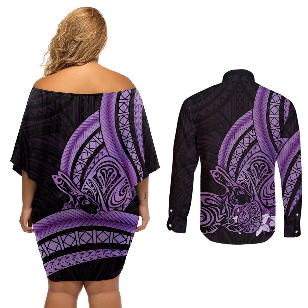 Purple Polynesia Easter Day Couples Matching Off Shoulder Short Dress and Long Sleeve Button Shirt Eggs With Bunny Polynesian Pattern
