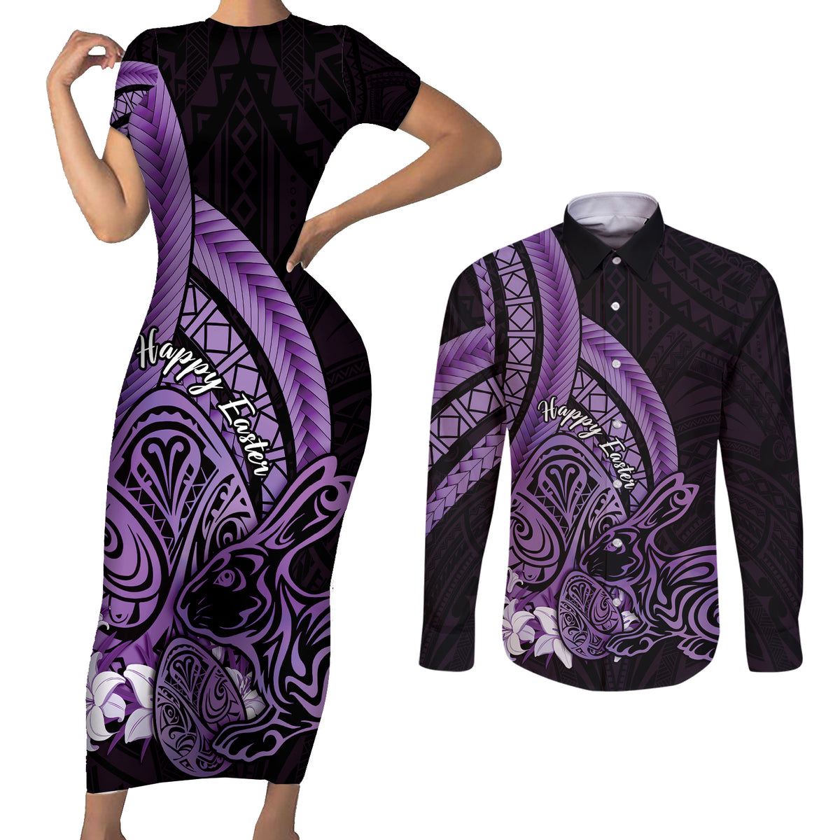 Purple Polynesia Easter Day Couples Matching Short Sleeve Bodycon Dress and Long Sleeve Button Shirt Eggs With Bunny Polynesian Pattern