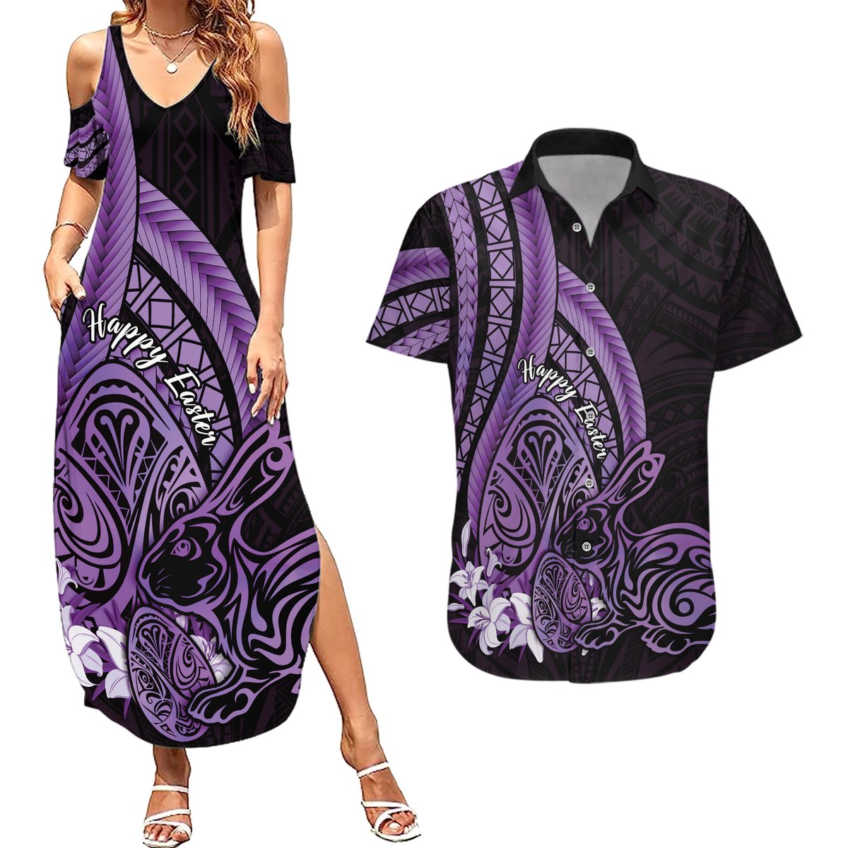 Purple Polynesia Easter Day Couples Matching Summer Maxi Dress and Hawaiian Shirt Eggs With Bunny Polynesian Pattern