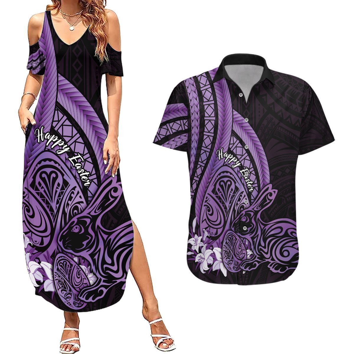 Purple Polynesia Easter Day Couples Matching Summer Maxi Dress and Hawaiian Shirt Eggs With Bunny Polynesian Pattern LT14 Purple - Polynesian Pride