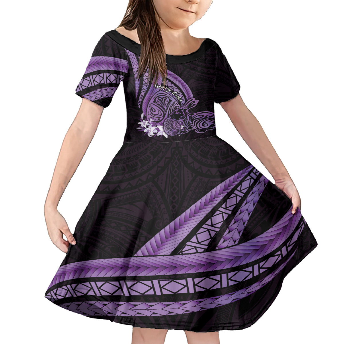 Purple Polynesia Easter Day Family Matching Off The Shoulder Long Sleeve Dress and Hawaiian Shirt Eggs With Bunny Polynesian Pattern