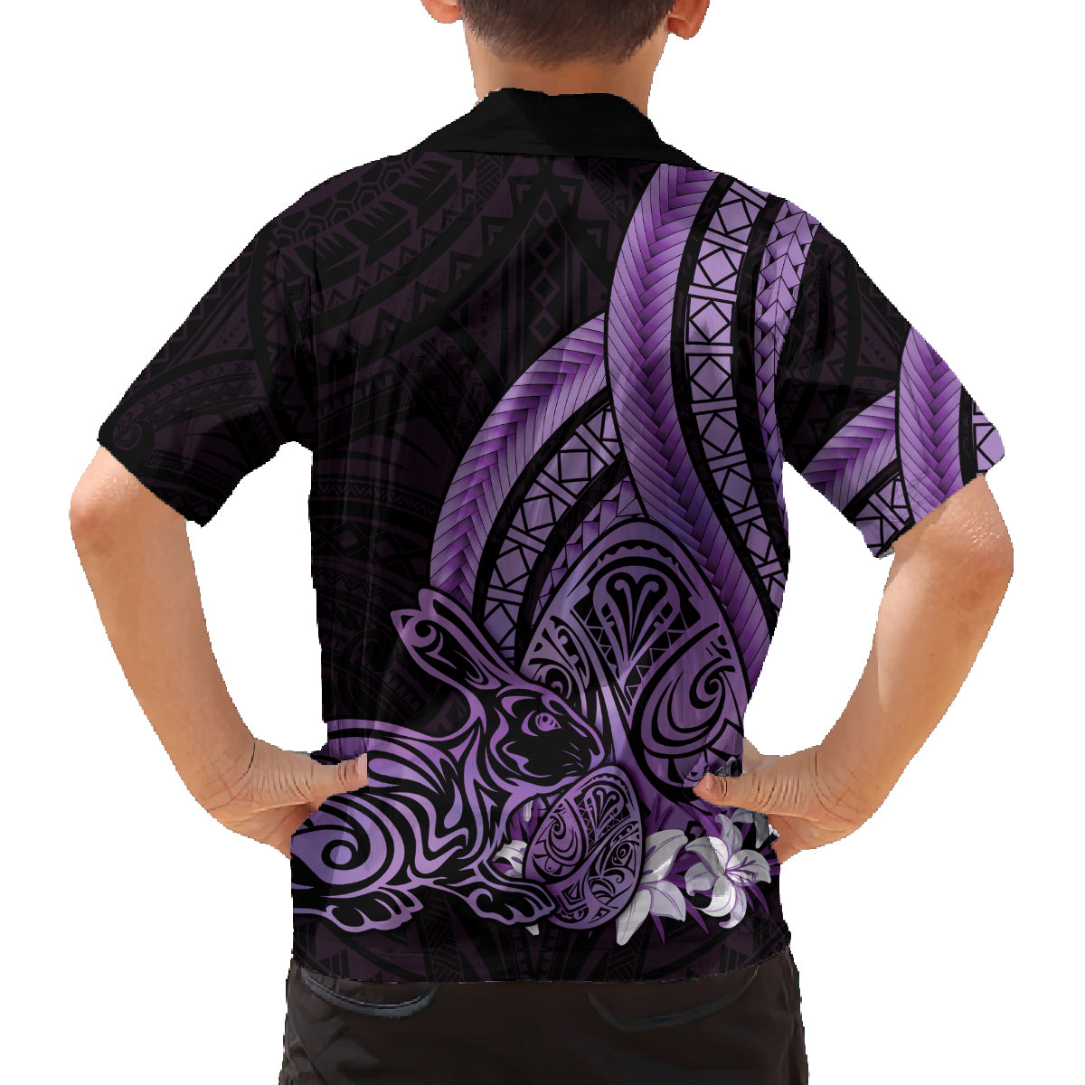 Purple Polynesia Easter Day Family Matching Off Shoulder Short Dress and Hawaiian Shirt Eggs With Bunny Polynesian Pattern