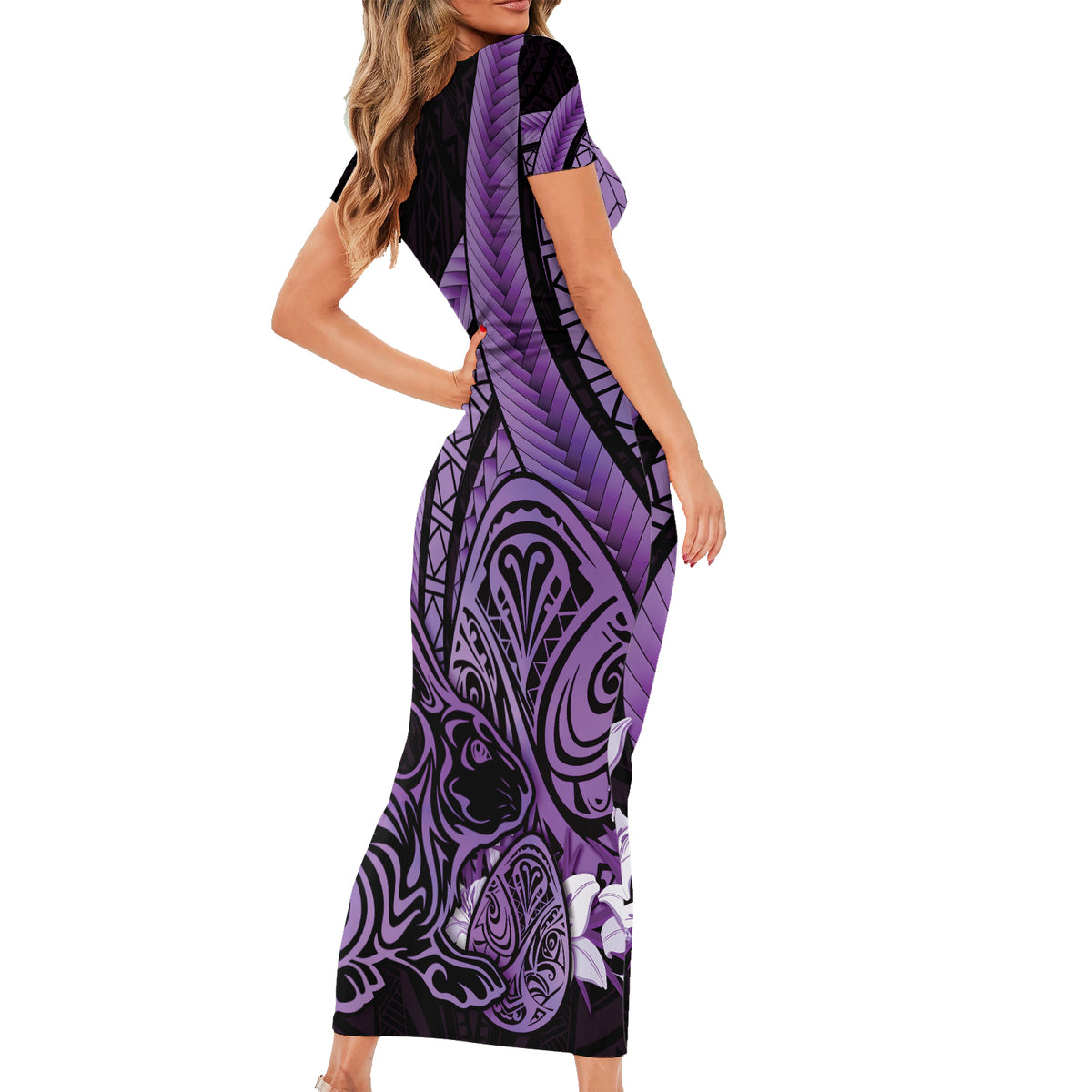 Purple Polynesia Easter Day Family Matching Short Sleeve Bodycon Dress and Hawaiian Shirt Eggs With Bunny Polynesian Pattern