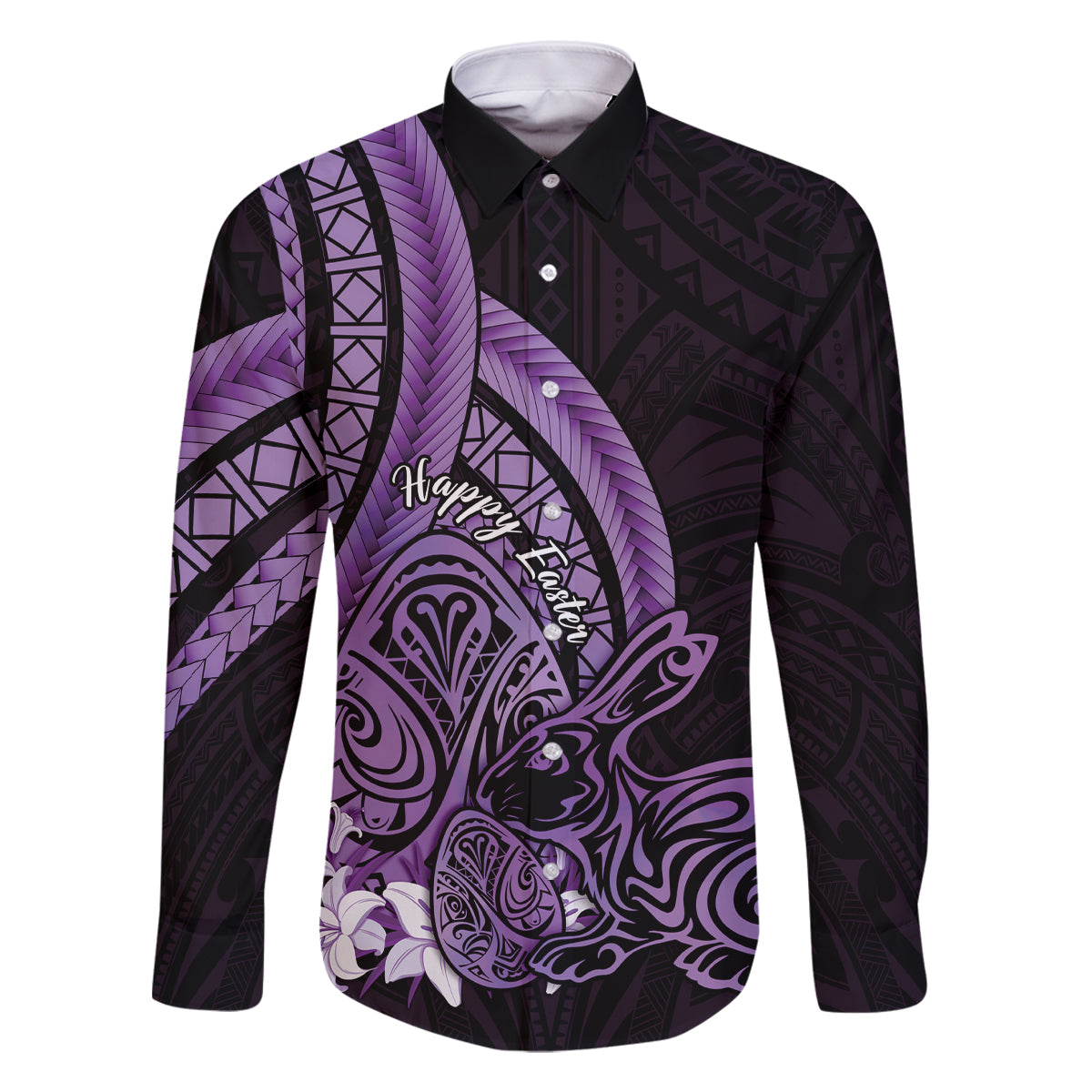 Purple Polynesia Easter Day Family Matching Tank Maxi Dress and Hawaiian Shirt Eggs With Bunny Polynesian Pattern LT14 Dad's Shirt - Long Sleeve Purple - Polynesian Pride