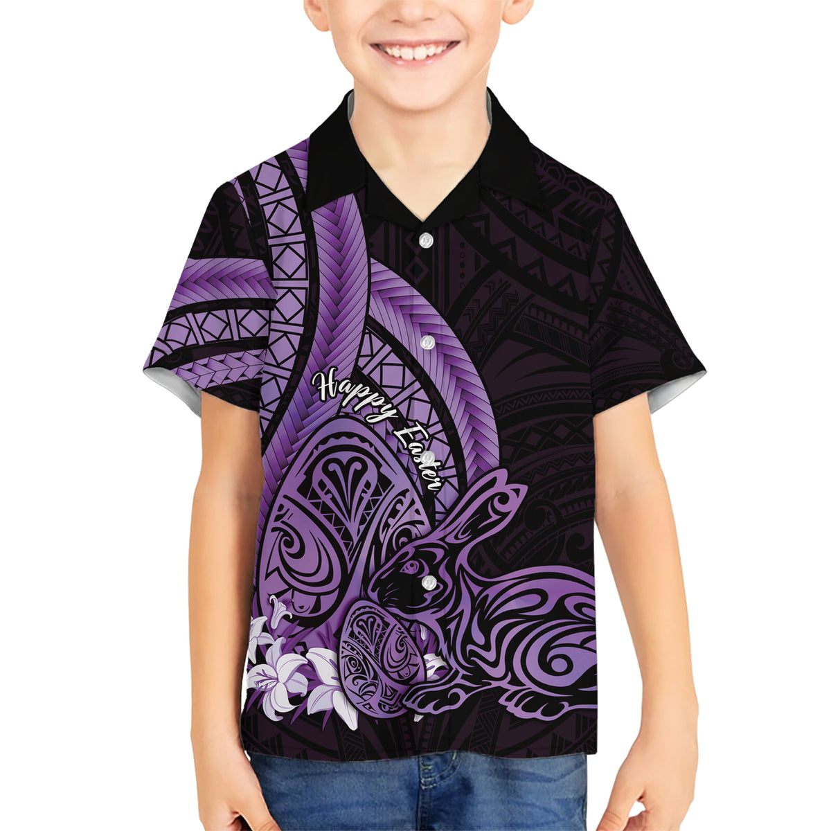 Purple Polynesia Easter Day Kid Hawaiian Shirt Eggs With Bunny Polynesian Pattern