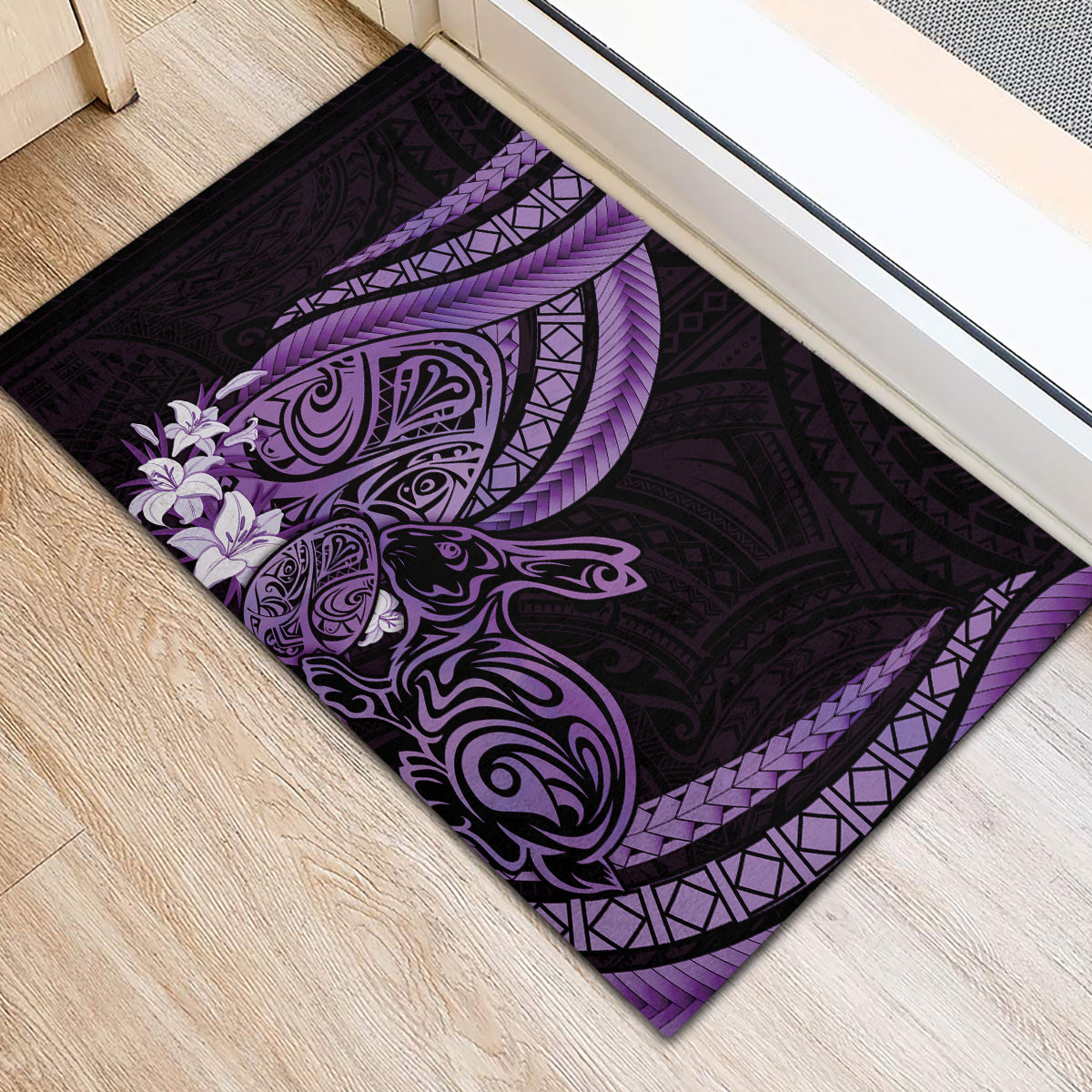 Purple Polynesia Easter Day Rubber Doormat Eggs With Bunny Polynesian Pattern