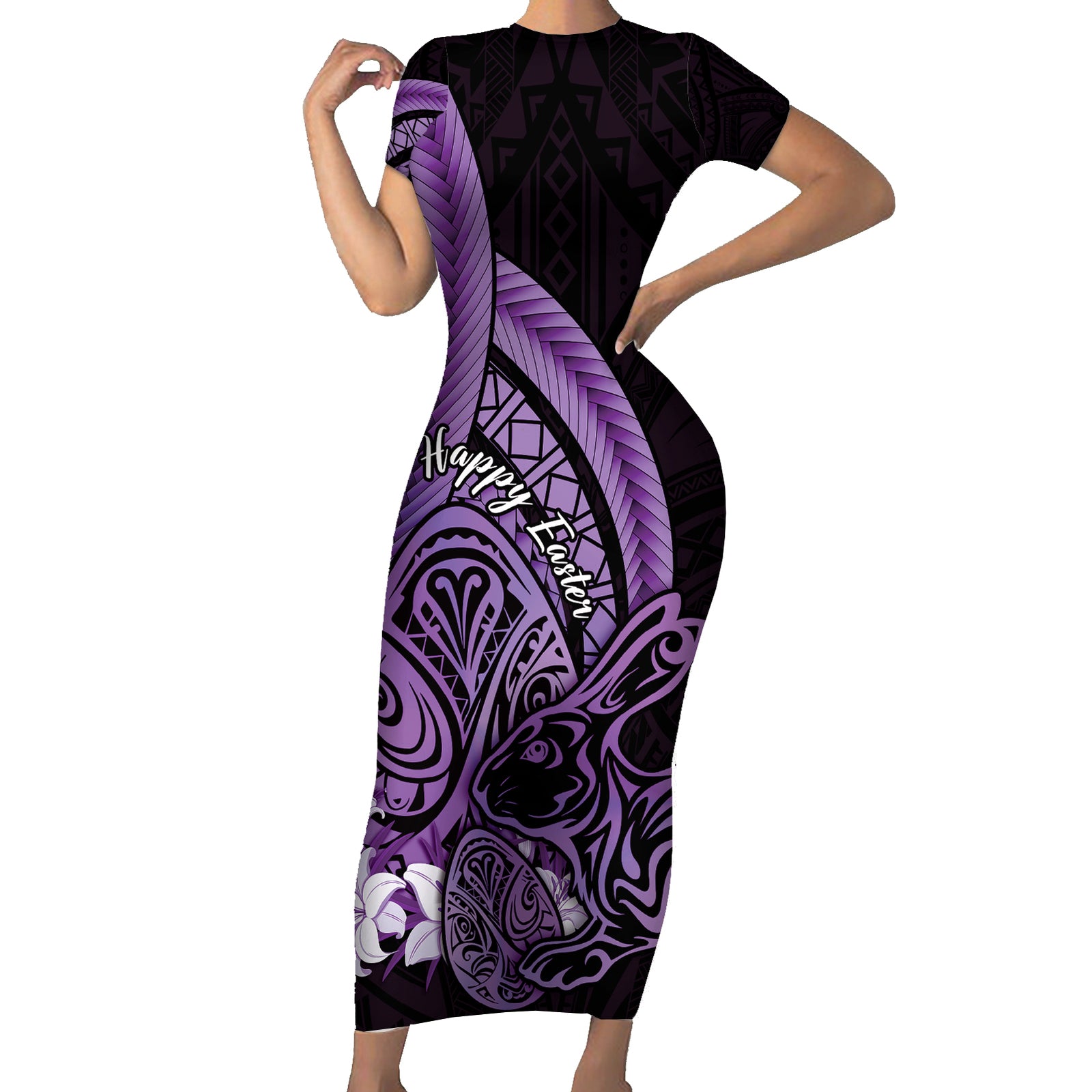 Purple Polynesia Easter Day Short Sleeve Bodycon Dress Eggs With Bunny Polynesian Pattern LT14 Long Dress Purple - Polynesian Pride