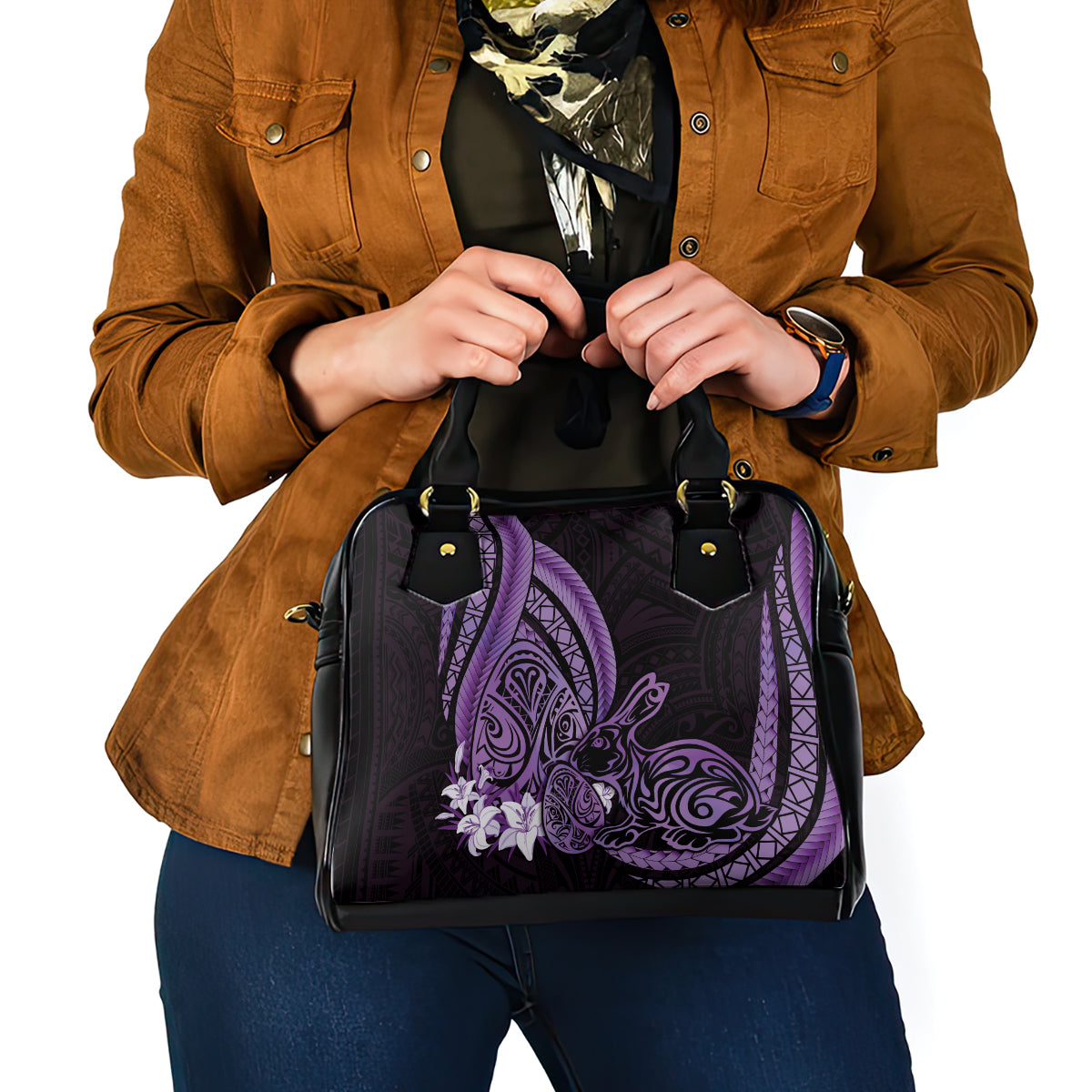 Purple Polynesia Easter Day Shoulder Handbag Eggs With Bunny Polynesian Pattern
