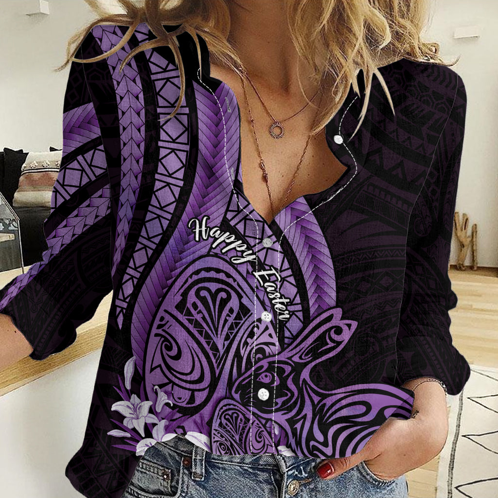 Purple Polynesia Easter Day Women Casual Shirt Eggs With Bunny Polynesian Pattern LT14 Female Purple - Polynesian Pride