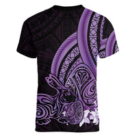 Purple Polynesia Easter Day Women V Neck T Shirt Eggs With Bunny Polynesian Pattern