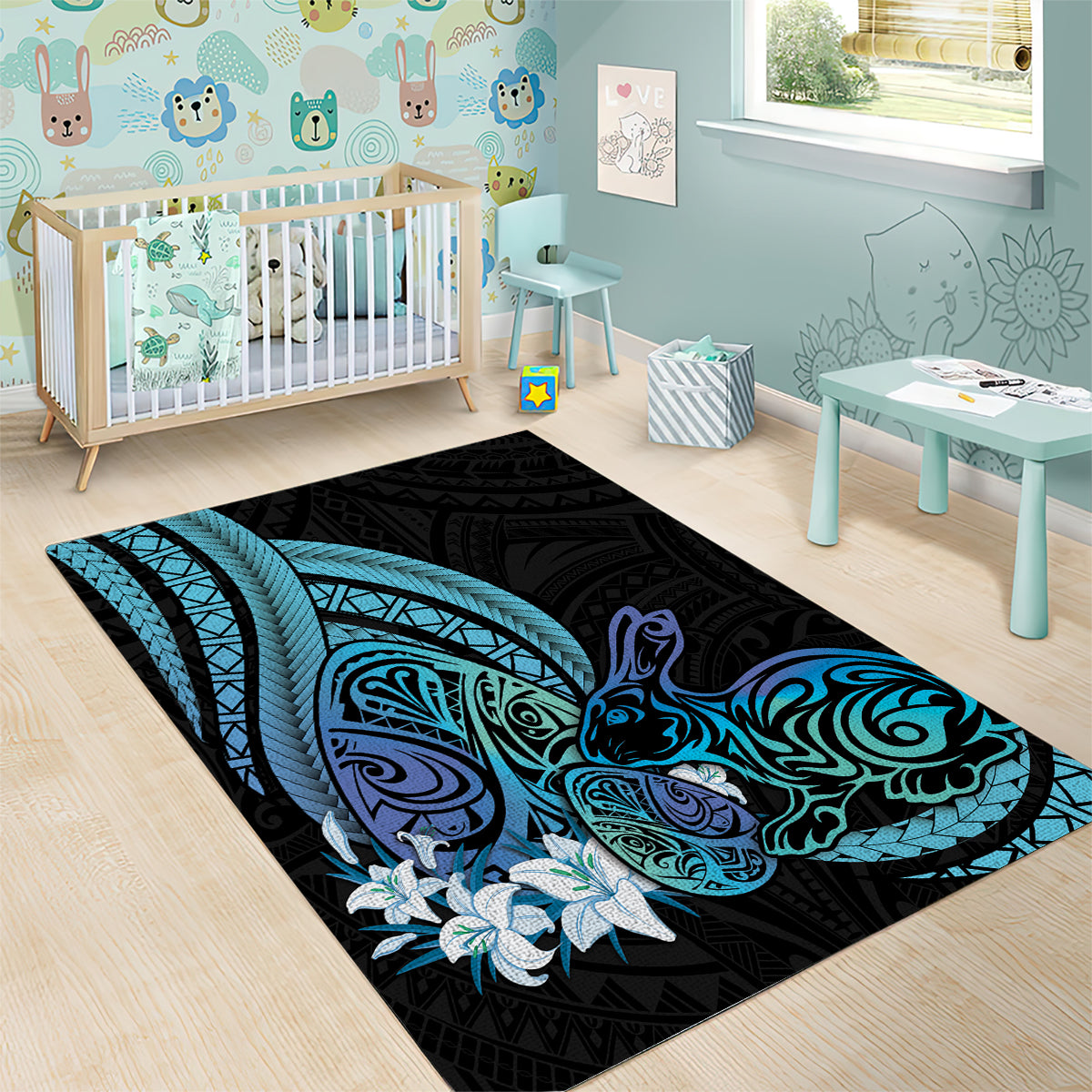Turquoise Polynesia Easter Day Area Rug Eggs With Bunny Polynesian Pattern