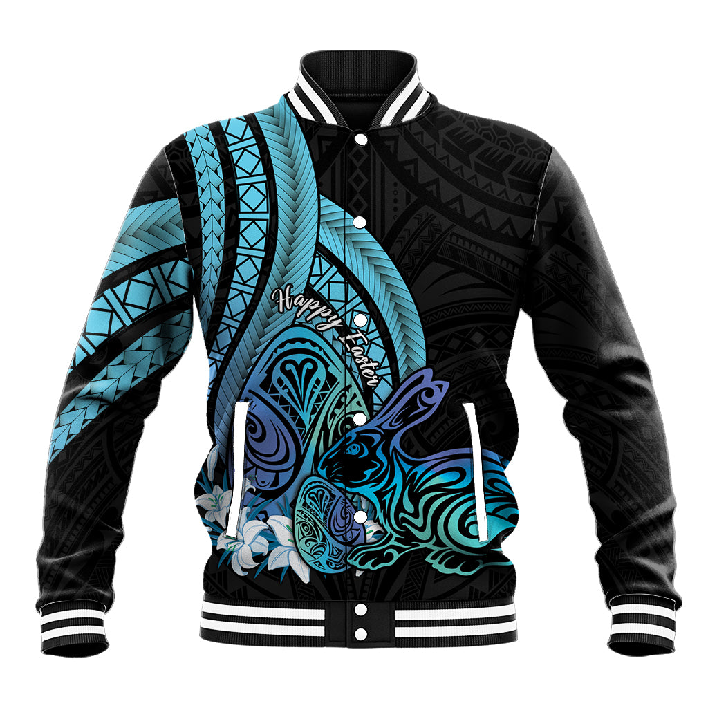 Turquoise Polynesia Easter Day Baseball Jacket Eggs With Bunny Polynesian Pattern