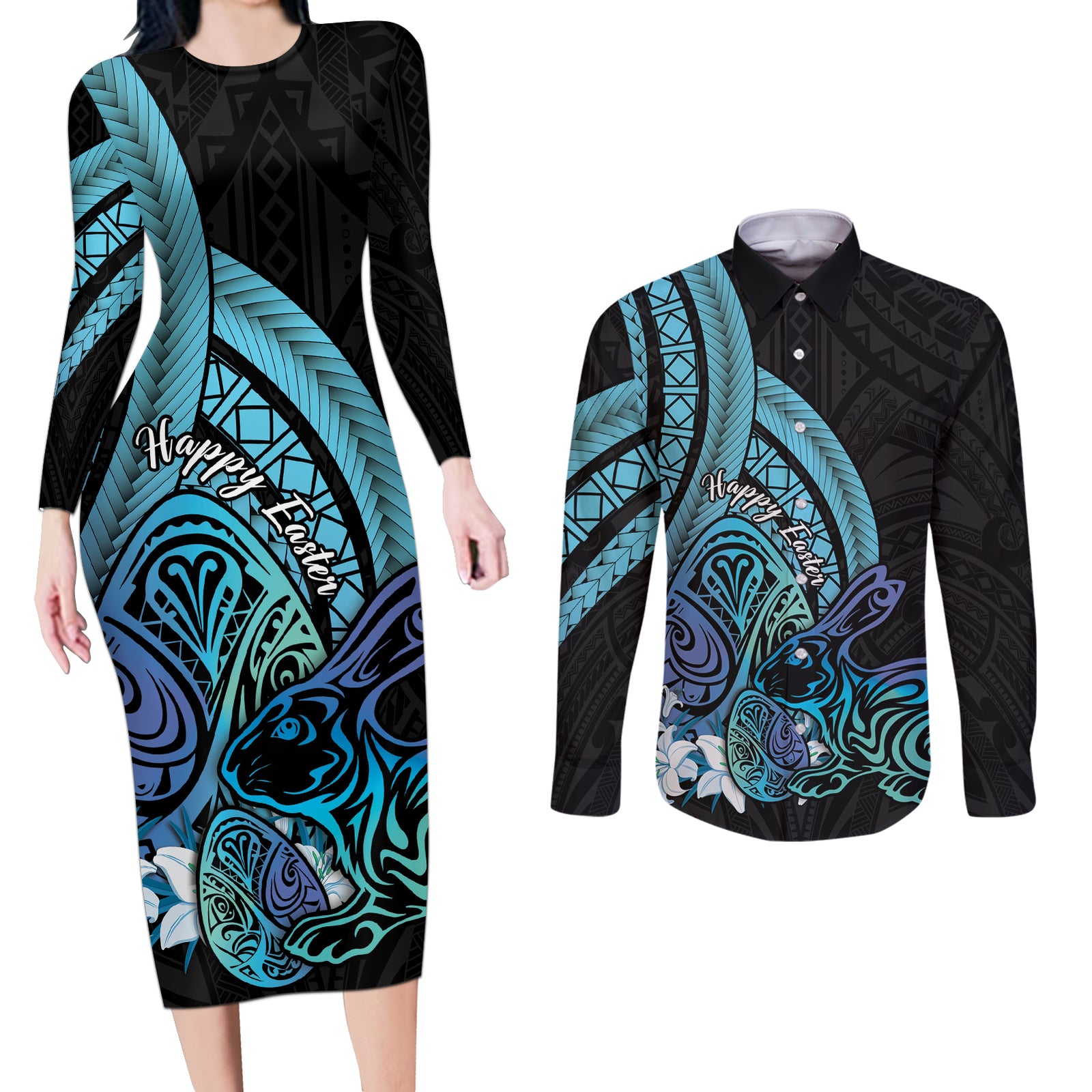 Turquoise Polynesia Easter Day Couples Matching Long Sleeve Bodycon Dress and Long Sleeve Button Shirt Eggs With Bunny Polynesian Pattern LT14 Turquoise - Polynesian Pride