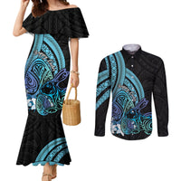 Turquoise Polynesia Easter Day Couples Matching Mermaid Dress and Long Sleeve Button Shirt Eggs With Bunny Polynesian Pattern